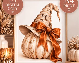 Elegant Boho Halloween Pumpkin Wall Art, Witch Hat Printable, Autumn Decor, A4 Digital Download