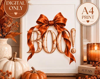 BOO Halloween Wall Art, Elegant Halloween Printable, Burnt Orange Bow Print, A4 Digital Download