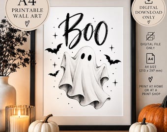 BOO Ghost Wall Art Print, A4 Digital Download, Black and White Halloween Decor