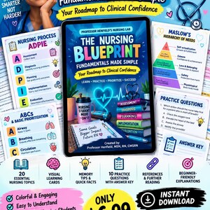 May include: A digital PDF study guide titled The Nursing Blueprint Fundamentals Made Simple, featuring 31 pages of nursing process charts, Maslow's hierarchy of needs, practice questions, and answer keys with colorful graphics and educational text.