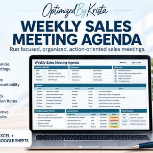 May include: A laptop screen displaying a Weekly Sales Meeting Agenda template with sections for meeting details, attendees, objectives, agenda items, key discussion points, action items, and next meeting information, compatible with Excel and Google Sheets.