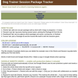 May include: A digital Dog Trainer Session Package Tracker spreadsheet template. The document features a brown header, navigation links, and detailed instructions on how to use the tracker, including a color legend for status tracking.