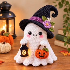 May include: A white crocheted ghost figurine wearing a black pointed hat with a purple band and a floral accent. The ghost has black eyes, pink cheeks, and a smile, holding a small black lantern in one hand and an orange pumpkin bucket in the other.