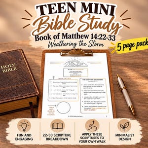 May include: A brown leather-bound Holy Bible, a clipboard with a 5-page Teen Mini Bible Study on the Book of Matthew 14:22-33, and a gold-toned pen. The study sheet features text, a mountain graphic, and a section for a sketch.