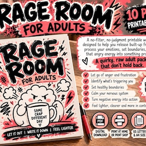 Könnte beinhalten: Ein 10-seitiges, druckbares Arbeitsbuch mit dem Titel Rage Room for Adults mit einer Spiralbindung. Das Cover zeigt eine Comicfigur, die eine Tasse mit der Aufschrift Same Crap Different Day hält, sowie Text zum Umgang mit angestauter Frustration.