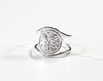 Sterling Silver Flower Coin Ring, Floral Jewelry