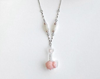 Fluffy Sheep Pink White Queen Conch Shell Short Y-Necklace on Sterling Silver Chain