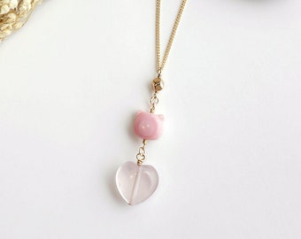 Kitty Queen Conch and Heart Rose Quartz Light Pink Crystal with 14K Gold Filled Necklace