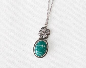 Oxidized Sterling Silver Clover Necklace with Dark Mint Green Amazonite Stone Pendant, Handmade Metalsmith OOAK Jewelry