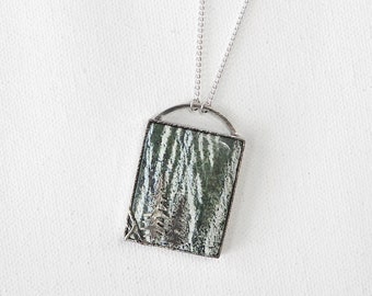 Forest Picture Frame Inspired Necklace, Chrysotile Stone on Sterling Silver, Handmade Metalsmithing Jewelry