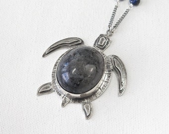 Sterling Silver Sea Turtle Pendant Necklace with Dark Fossil Jasper Cabochon, Handmade Metalsmithing Jewelry