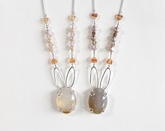 Necklace for Bunny Lovers, Semi-Opaque Agate Cabochon Sets on Sterling Silver Rabbit Silhouette, Handmade One-of-a-Kind