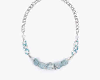 March Birthstone, Natural Blue Aquamarine Raw Stone Statement Necklace // Frozen Aqua