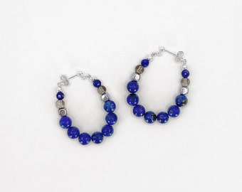 Blue Lapis Lazuli Stone Beads Hoop Earrings, Blue Fashion Statement Jewelry