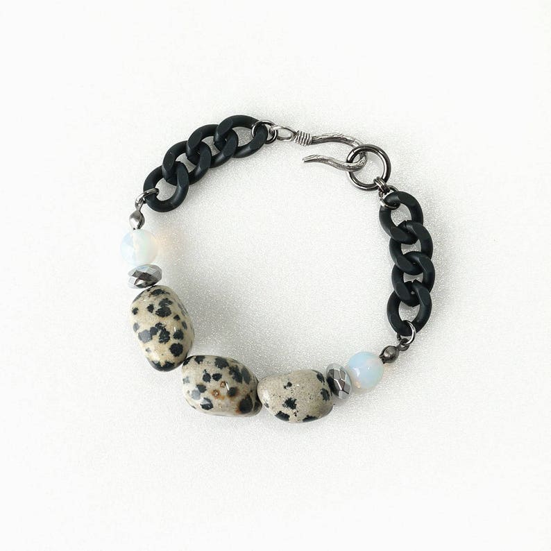 Black Spot Nugget Stone Statement Bracelet Unique Jewelry Dalmatian Stone Bracelet