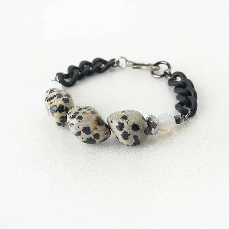 Black Spot Nugget Stone Statement Bracelet Unique Jewelry Dalmatian Stone Bracelet