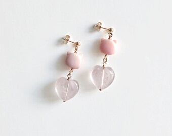 Kitty Queen Conch with Heart Pink Rose Quartz Crystal Earrings on 14K Gold Filled Studs, Jewelry for Cat Lover