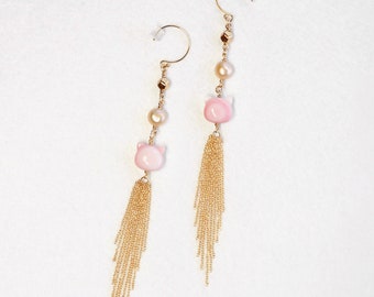 Kitty Queen Conch with 14K Gold Filled Chains Tassel Long Dangling Earrings, Cat Lover Jewelry