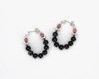 Black Arfvedsonite Stone Hoop Earrings, Cool Black Fashion Statement Earrings