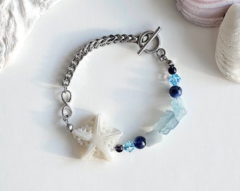 Underwater Ocean Inspired, White Shell Starfish Bracelet with Raw Aquamarine Stones, Crystal Statement Jewelry