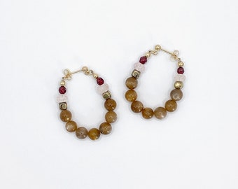 Shimmering Sunstone Beads Hoop Earrings, 14k Gold Filled Ear Post, Modern Stylish Jewelry