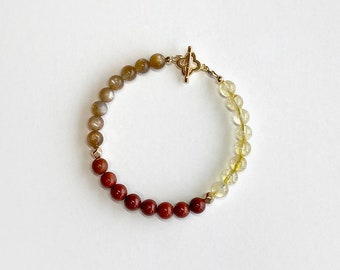 Citrine, Red Jasper and Sunstone Stacking Bracelet with Gold Plated Sterling Silver Four Leaves Toggle Clasp