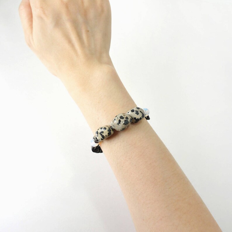 Black Spot Nugget Stone Statement Bracelet Unique Jewelry Dalmatian Stone Bracelet