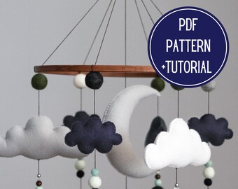 Baby Mobile PDF Pattern and Instructions. Woodland DIY felt mobile, toy, baby, crib, mountain, nursery, decor, sewing, clouds, moon,