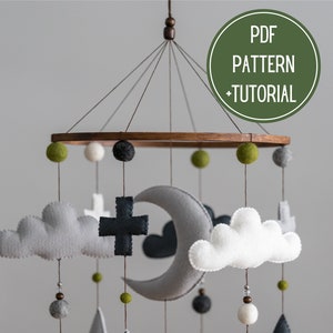 Baby Mobile PDF Pattern and Sewing Instructions. Woodland DIY felt mobile, toy, baby, crib, mountain, nursery, decor, sewing, clouds, moon,