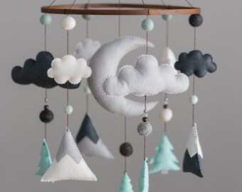 Woodland Baby Mobile, Felt Mobile, Mountai Decor, Blue Mint Nursery, Mountain Nursery, Baby Shower Gift, Nursery Decor, Mountain Baby Mobile