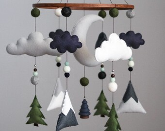 Navy Baby Mobile, Felt Mobile, Woodland Mobile, Woodland Nursery,  Forest Mobile, Nursery Mobile, Mountain, Baby Shower Gift, Nursery Decor