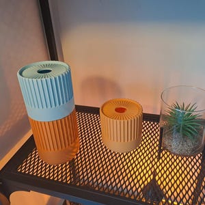 May include: A tall cylindrical container with a light blue top and orange base, a shorter cylindrical orange container with a ribbed texture, and a clear glass vase containing a small green succulent plant with sand, all arranged on a black metal shelf.