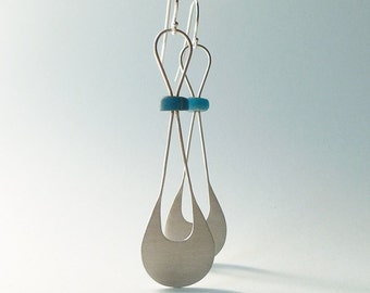 Beautiful Modern and Delicate Brushed Finished Sterling Silver and ancient glass bead Dangle Earrings, "Meet the Ancients"