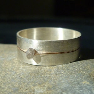 Wide Band Sterling Silver, 14k Yellow Gold Wire and Rough Cut Diamond Bead Ring, Float image 2