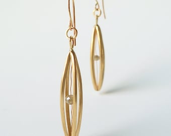 Beautiful bright 14k Yellow Gold and Rough Cut Diamond Bead Dangle Earrings, "Float"