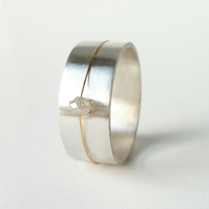 Wide Band Sterling Silver, 14k Yellow Gold Wire and Rough Cut Diamond Bead Ring, Float image 1