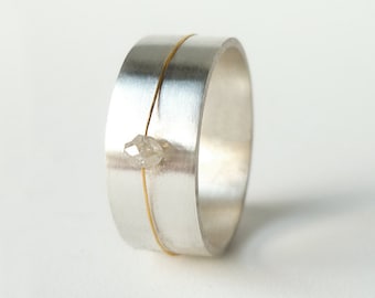 Wide Band Sterling Silver, 14k Yellow Gold Wire and Rough Cut Diamond Bead Ring, "Float"