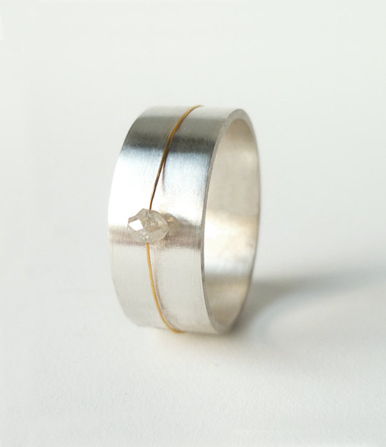 Wide Band Sterling Silver, 14k Yellow Gold Wire and Rough Cut Diamond Bead Ring, Float image 1