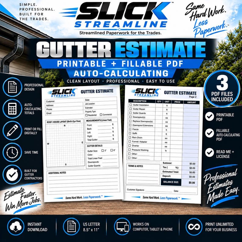 Gutter Estimate Template | Fillable Auto-calculating Contractor ...