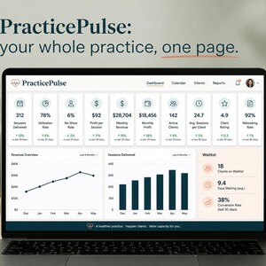 May include: A laptop screen displaying the PracticePulse dashboard interface, featuring metrics like sessions delivered, profit, and active clients. The screen shows a revenue line graph, a sessions bar chart, and a waitlist section with text.