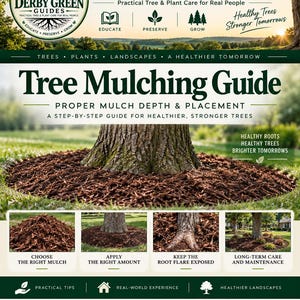 Könnte beinhalten: Ein Lehrplakat mit dem Titel Derby Green Guides Tree Mulching Guide. Es zeigt einen Baumstamm mit dunkelbraunem Mulch, vier Anleitungsfotos und Text zur richtigen Mulchtiefe, Platzierung sowie zur Baumpflege und Wartung.