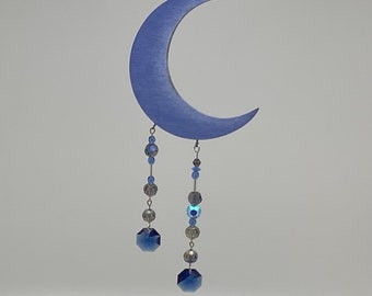 Crescent Blue Moon Hanging with Vintage Crystal Beads/FreeShipping