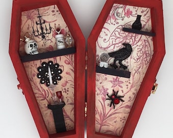 Mini Wood Coffin Halloween Vignette Gift Goth Oddity Red/ Freeshiping