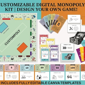 May include: A customizable digital board game kit featuring a game board with the text CUSTOMPOLY, stacks of colorful play money, property cards, chance cards, community chest cards, and game pieces. The kit includes fully editable Canva templates.