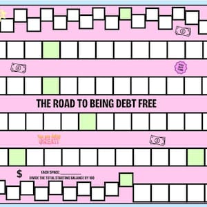 May include: A pink board game tracker titled THE ROAD TO BEING DEBT FREE with a winding path of white and light green squares. It features a START and GOAL box, illustrations of dollar bills, and text including well done, you got this, and great.