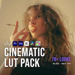 May include: A digital product advertisement titled the CINEMATIC LUT PACK featuring 70+ LOOKS for SLOG and REC 709. The graphic displays software icons for Premiere, After Effects, CapCut, DaVinci Resolve, and Final Cut Pro over a grainy photograph.