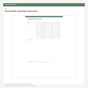 May include: A printable Annual Bill Calendar Overview template featuring a grid layout with rows for bill names and columns for each month of the year. The document includes checkboxes for tracking payments and a section for annual bill expenses.