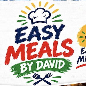 May include: A graphic design featuring the text EASY MEALS BY DAVID in blue, red, and green. Above the text is a white chef hat with yellow sunburst lines. Below is a pair of crossed blue forks. A yellow circle on the right displays 4 EASY MEALS.