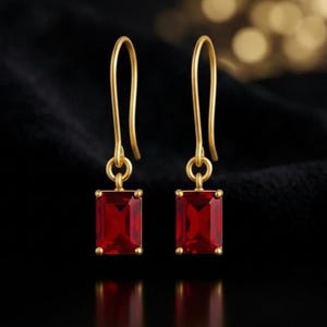 Ruby Emerald Cut Earrings, 14K Gold Plated 925 Sterling Silver, Simulated Ruby Dangle Hook Earrings, July Birthstone Minimalist Gift