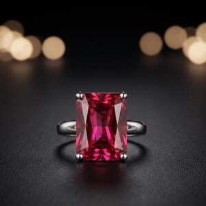 Pink Ruby Solitaire Ring, Radiant Cut Ruby Ring, Simulated Ruby, 925 Sterling Silver, Large Statement Ring, July Birthstone Ring